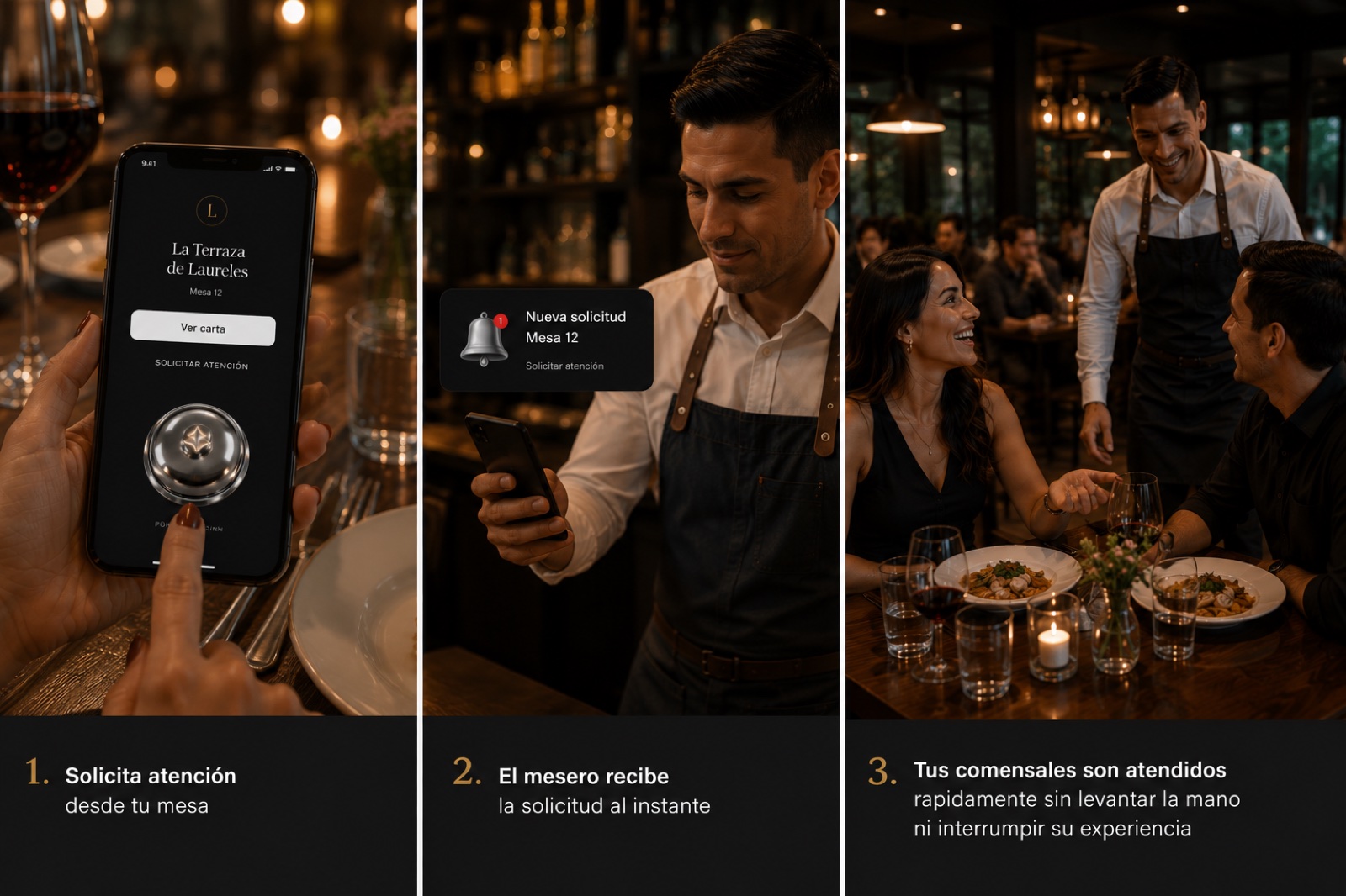 Así funciona Dinn: 1. el comensal solicita atención desde su mesa; 2. el mesero recibe la solicitud al instante; 3. los comensales son atendidos rápidamente sin levantar la mano ni interrumpir su experiencia